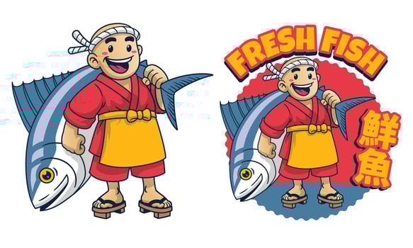 Cartoon Japan Fish Seller with Giant Fish vector