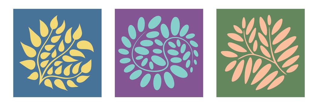 Abstract boho organic posters set. Wavy branches and leaves minimalistic wall art. Vintage aesthetic Matisse inspired interior decor. Floral contemporary shapes. Vector illustration.