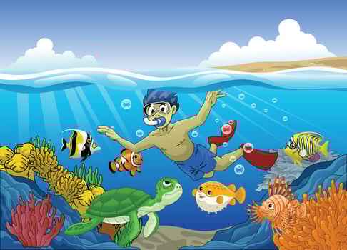 Boy Snorkeling in the coral reef with fishes vector