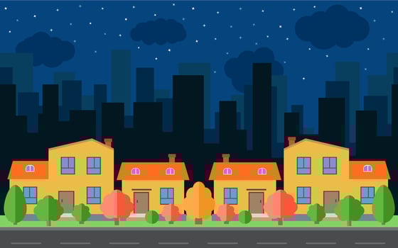 Vector night city with four cartoon houses and buildings. City space with road on flat style background concept. Summer urban landscape. Street view with cityscape on a background
