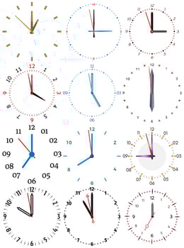 A set of different mechanical clocks with an image of each of the twelve hours. Clock face on white background. vector