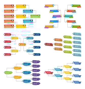 Set of six colorful business structure concept, corporate organization chart scheme with people icons. Vector illustration.