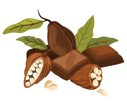 Chocolate bar and cocoa beans. Sweet dessert. World Chocolate Day. Ideal for printing, products, postcards. Cartoon vector illustration isolated on the white background.