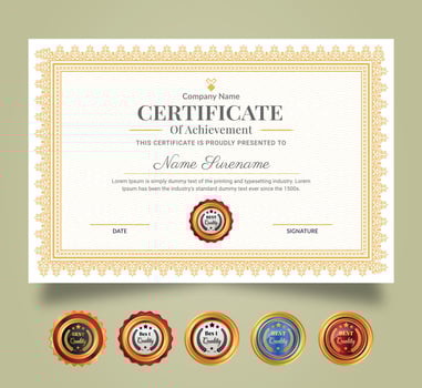 Certificate of Appreciation and Achievement template. Clean modern certificate with gold badge and modern curve line pattern. Diploma award design for business and education needs. vector