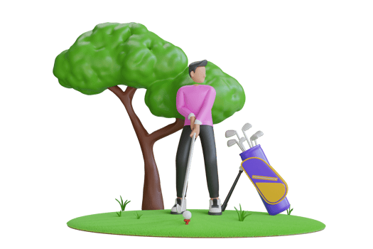 3D man playing golf. Golfer playing on golf course. Male golf player on professional golf course. Golfer with golf club taking a shot. 3d illustration png