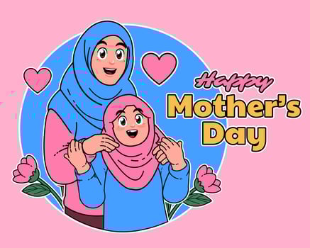 happy mothers day, muslim mother and daughter wearing hijab vector