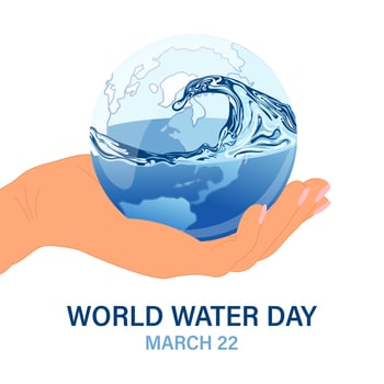 World Water Day, 3d planet with water splash in human hand. Ecological concept. Banner, poster, postcard, vector