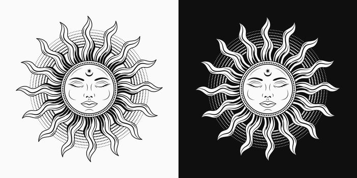Sun with face, closed eyes. Vector illustration in vintage style on black, white background. Mythological fairytale character, alchemy and astrology symbol. Solar sign. Good for groovy, hippie style