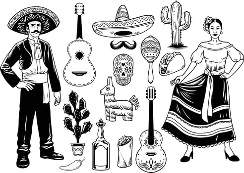 Set of Hand Drawn Vintage Mexican Culture Objects vector