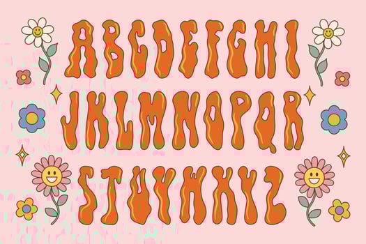 Funky rave groovy font from the 60s 70s in psychedelic style. Vector modern cartoon alphabet