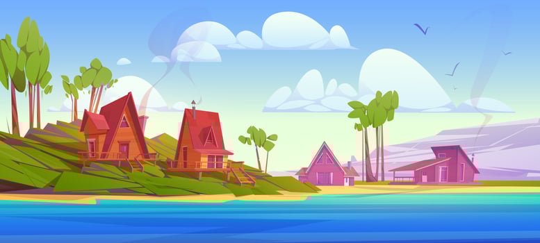 Cozy wooden houses near mountain lake vector