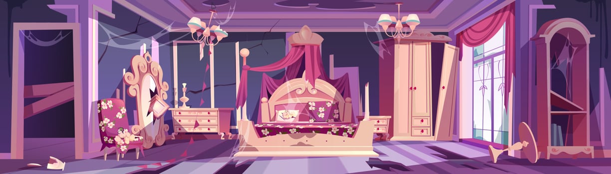 Abandoned princess bedroom room messy interior vector
