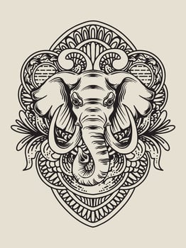 Illustration elephant head with engraving ornament vector