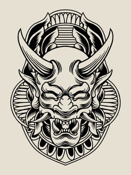 Illustration oni mask with engraving ornament vector