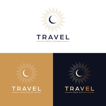 Travel vector logo design. Moon and sun bohemian logotype. Crescent and rays logo template.