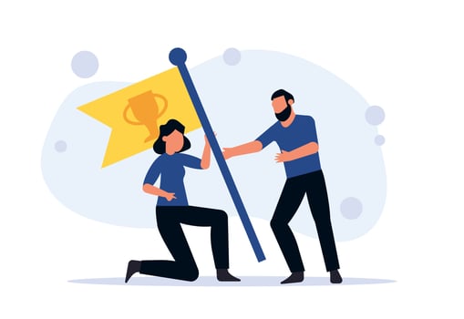 Teamwork of people. The concept of business success by a team and financial success in the company. People raise the flag together. Vector illustration