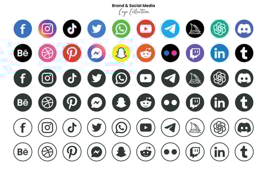 Popular social network symbols, social media logo icons collection, instagram, facebook, twitter, youtube, chatgpt, midjourney, disccord and etc. social media icons vector