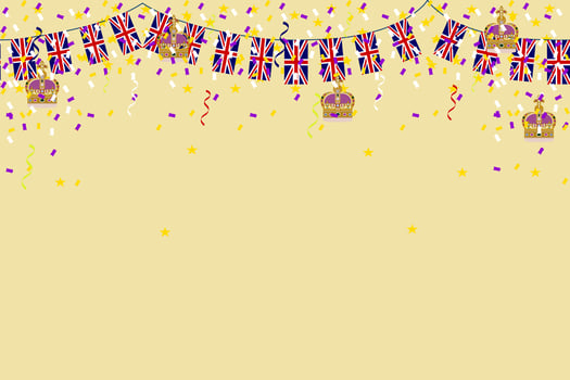 Coronation crown king UK celebration UK Union Jack flag background vector illustration party