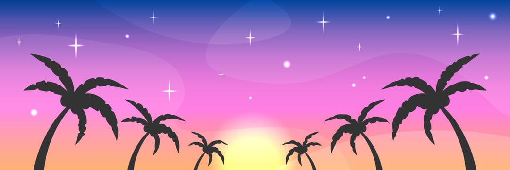 Tropical palms background. Vector web banner template. Summer evening sky, sunset and stars. Palm trees silhouettes illustration. Copy space for text