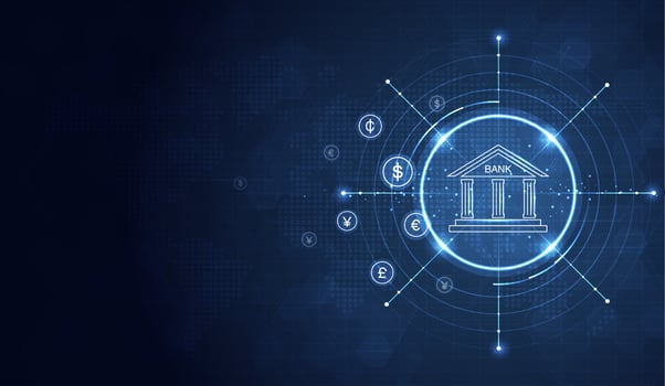 Banking and Finance concept. digital connect system. Financial and Banking technology with integrated circles, glowing line icons and on blue background. vector design.