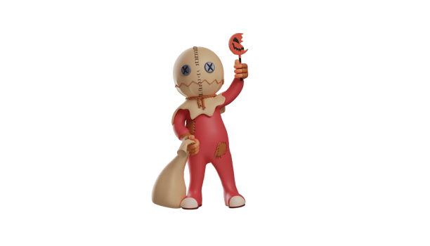 3D illustration. Creepy Trick r Treat 3D Cartoon Character. Trick r Treat cartoon carrying a small pumpkin stick and a sack. Trick r Treat cartoon waving his hand. 3d cartoon character png
