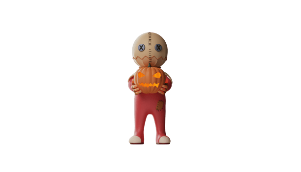3D illustration. Boy 3D Cartoon Character. The boy wear Trick r Treat costume to come to the Halloween party. Trick r Treat stands and holds the pumpkin in both hands. 3d cartoon character png