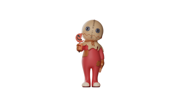3D illustration. Cute Trick r Treat 3D Cartoon Character. Trick r Treat stood up holding his little gourd stick. Trick r Treat cartoon confused what to do today. 3d cartoon character png