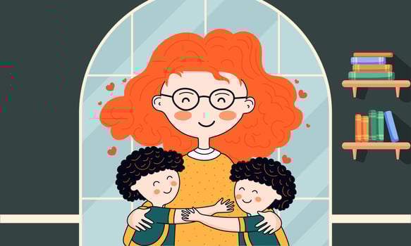 Young Woman Character Hugging Her Students And Bookshelves On Window Green And Blue Background. vector