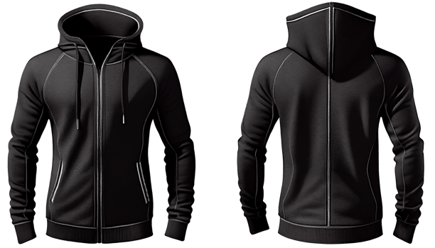 Hoodie raglan sleeve full zipper with pocket for mockup, 3d render, Front and back, copy space, png