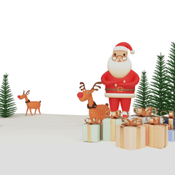 3D Render Of Santa Claus Standing With Rudolph, Gift Boxes, Xmas Or Spruce Trees On Snowy Background. png