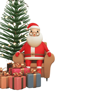 3D Render Of Santa Claus Sitting On Sofa With Gift Boxes And Decorative Xmas Tree. png