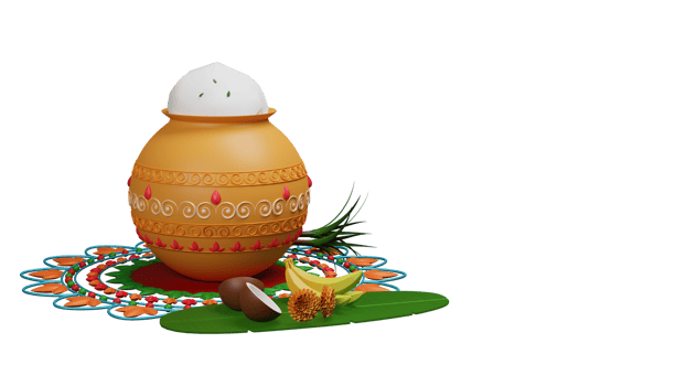 3D Render Of Pongal Festival Elements Over Rangoli. png