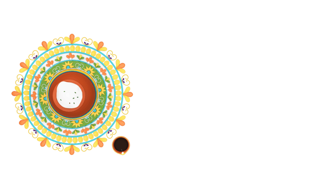Top View Clay Pot Full Of Pongal Dish Over Colorful Rangoli With Lit Oil Lamp Element. 3D Rendering. png