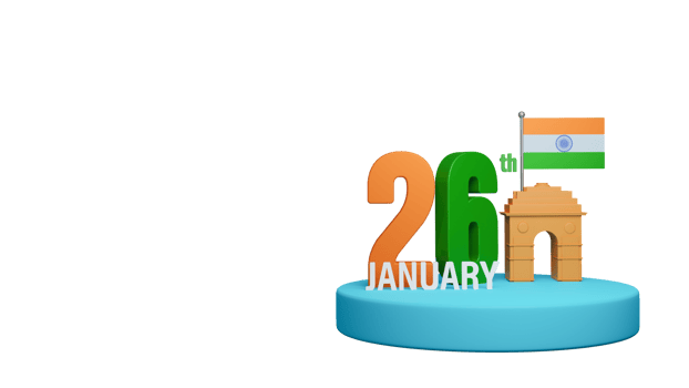 3D Render Tricolor 26th January Text With India Gate, National Flag Over Podium Element. png