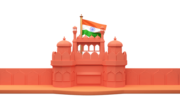 3D Render Of India Flag Behind Red Fort Monument Element. png