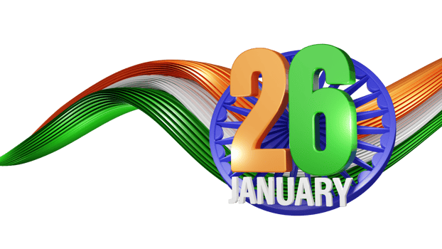 3D Render Of Tricolor 26 January Text With Ashoka Wheel And Glossy India Flag Wavy. png