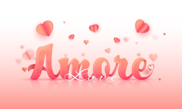 Italian Font Of LOVE Written By Ribbon With Paper Cut Hearts Decorated On White And Pastel Red Background. vector