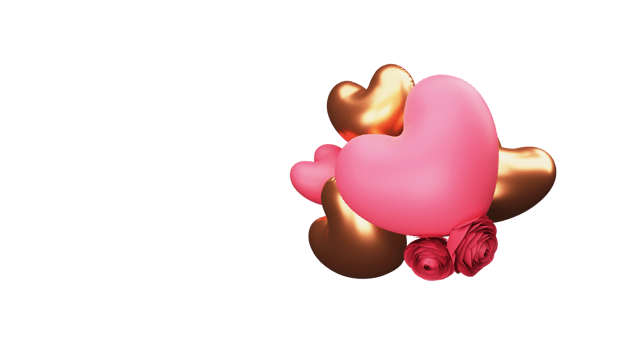 3D Render Glossy Hearts With Rose Flowers Element In Pink And Golden Color. png
