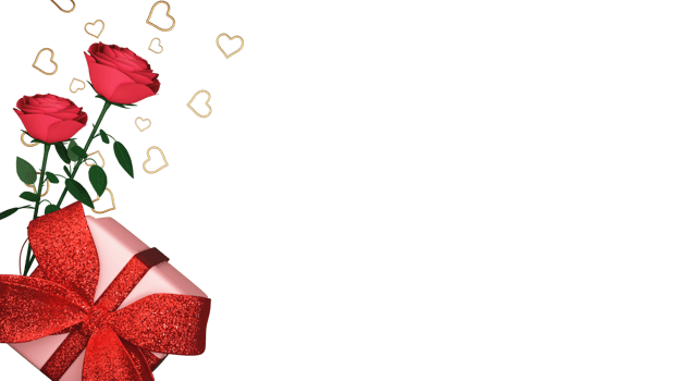 Top View Of Gift Box With Rose Flowers, Golden Heart Shapes In 3D Render. png