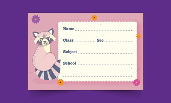 Naughty Raccoon Animal With Flower Decorative Notebook Label Or Name Tag Against Purple Background. vector