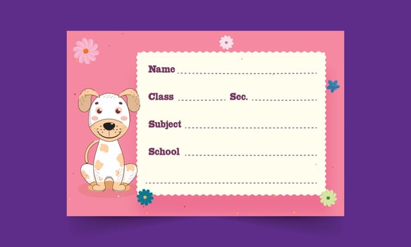 Cartoon Dog With Flower Decorative Notebook Label Or Name Tag On Purple Background. vector