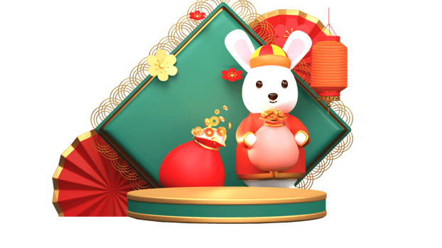 3D Render Of Cartoon Rabbit Holding Treasure Sack With Chinese Festival Elements, Empty Podium And Rhombus Frame Element. png