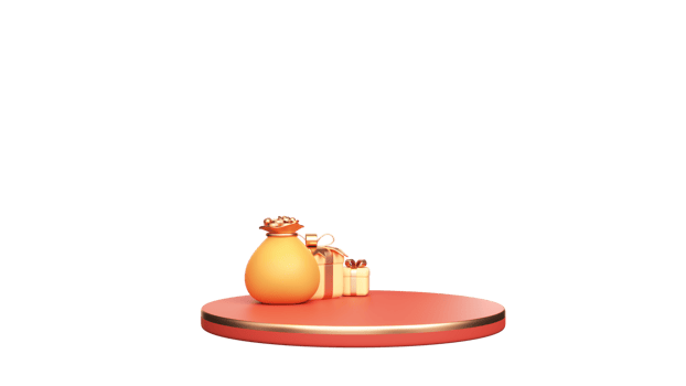 3D Render Of Chinese Treasure Sack With Gift Boxes Over Podium Element. png