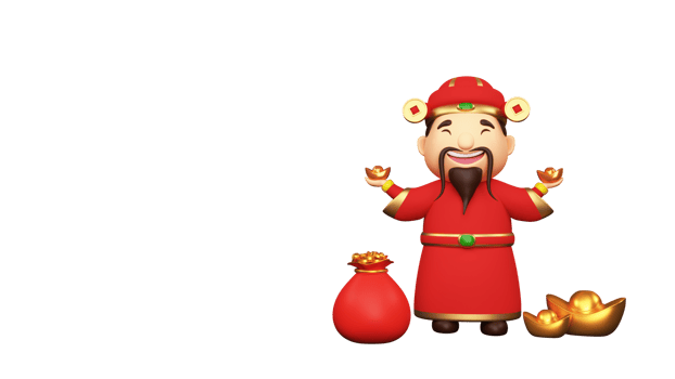 3D Render Of Happiness Caishen Holding Ingots With Treasure Sack Element. png
