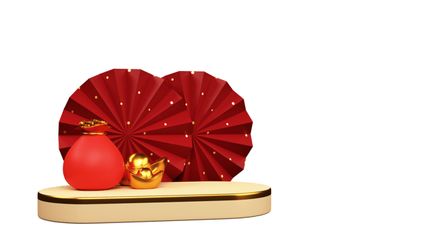 Treasure Sack With Ingots, Accordion Paper Flowers, 3D Render, Chinese New Year Concept. png