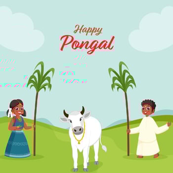 Happy Pongal Celebration Poster Design With South Indian Kids Holding Sugarcane, Bull Animal On Light Blue And Green Background. vector