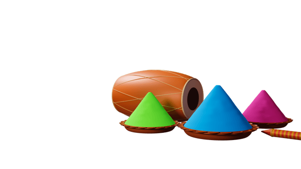 3D Render Plates Full Of Color Powder With Dhol Instrument, Water Gun Element. png