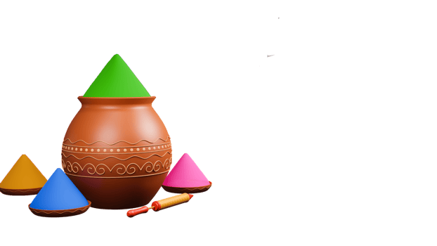 3D Render Holi Festival Elements As Color Powder In Clay Pot, Plates And Water Gun. png