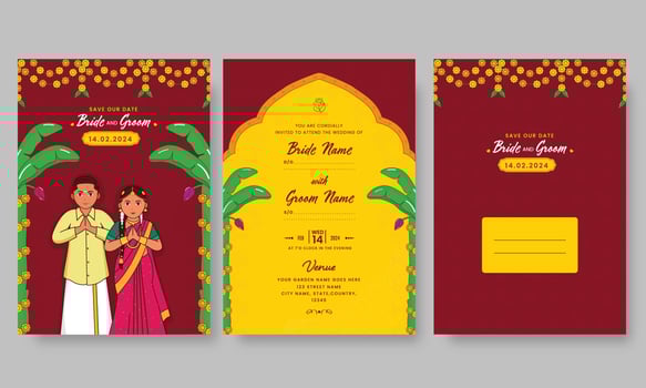 Wedding Invitation Card Template Layout With South Indian Couple Greeting Namaste And Envelope Illustration. vector