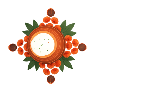 Top View Mud Pot Full Of Pongal Dish Over Floral Rangoli With Lit Oil Lamps Element In 3D Render. png